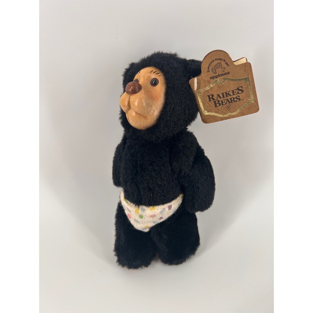 Vintage Raikes Bears Nathan Black Bear Wood Face Plush Applause 38519 Polka Dot